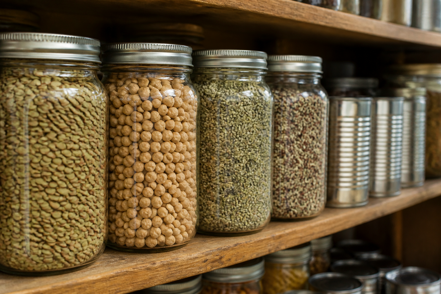 Dried lentils, chickpeas, hemp seeds, and quinoa in glass jars arranged on a wooden shelf alongside canned legumes — a practical plant-based protein pantry for emergency food storage