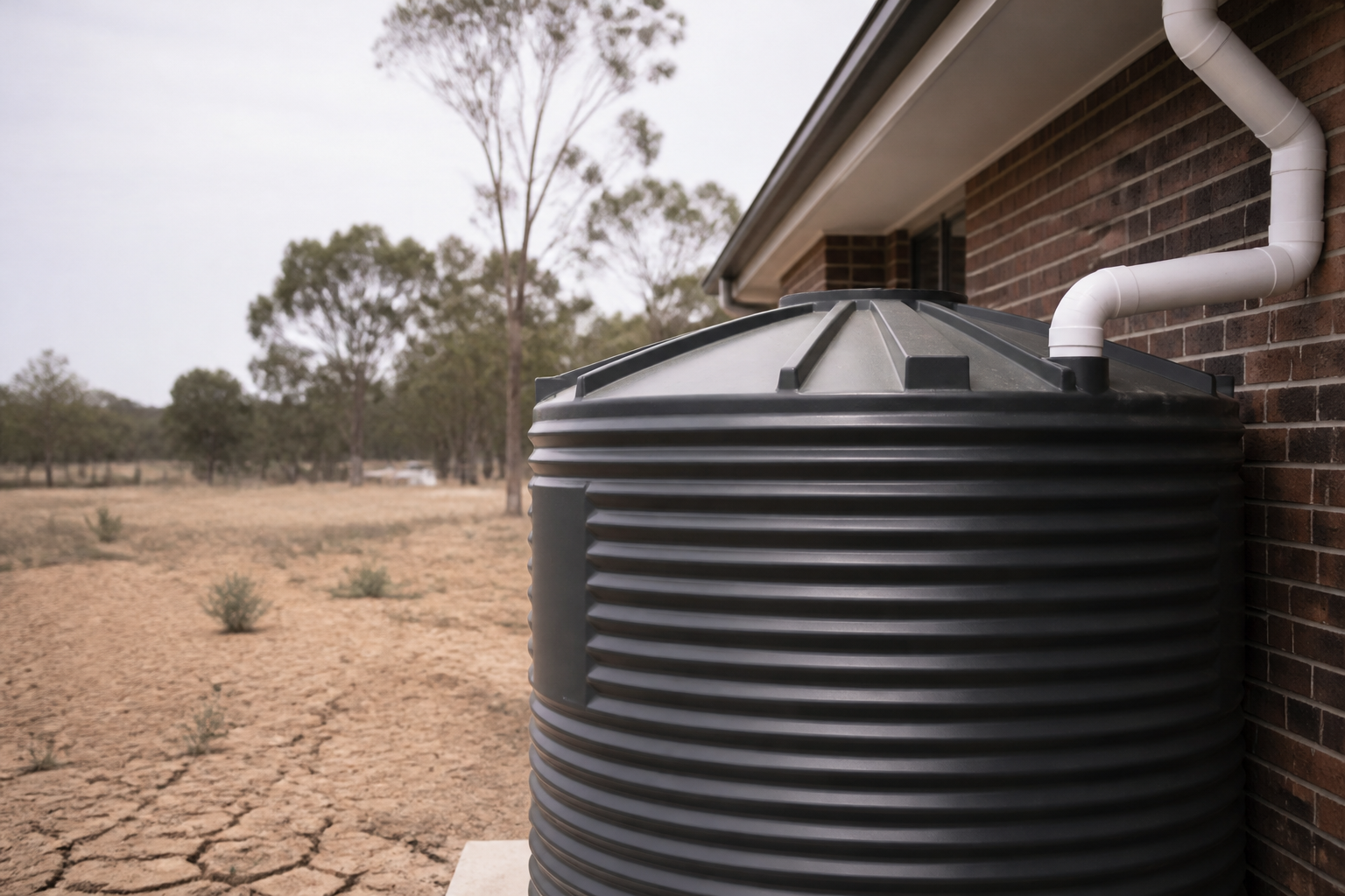 Covered rainwater collection cistern beside a residential home with dry cracked soil visible in the background during drought conditions