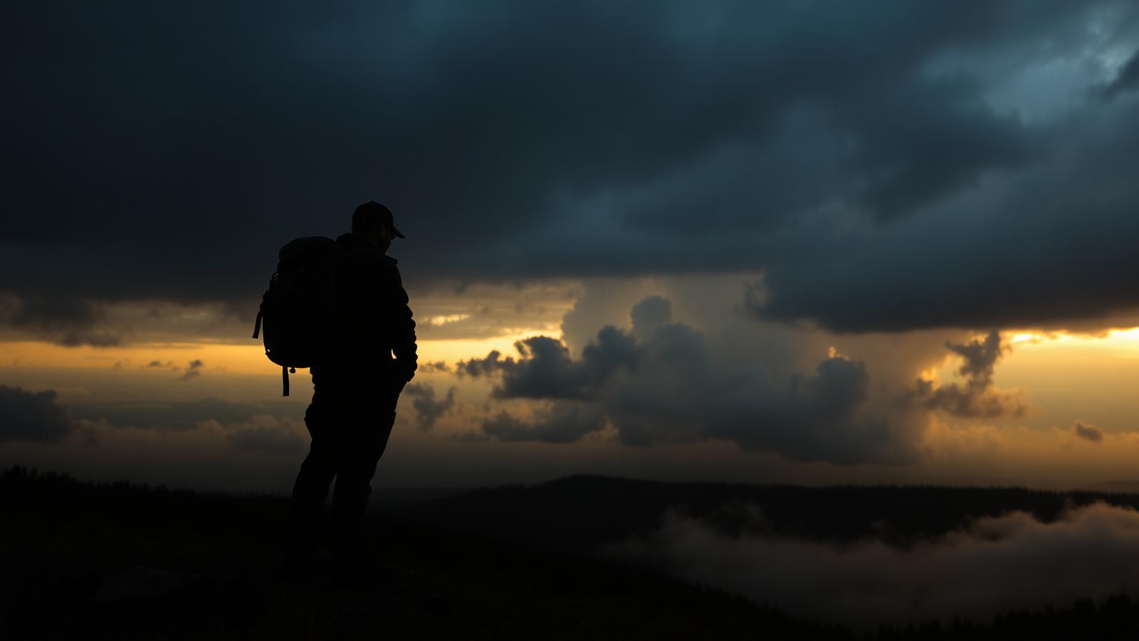 A lone prepper on a ridge watching a storm roll in at dusk